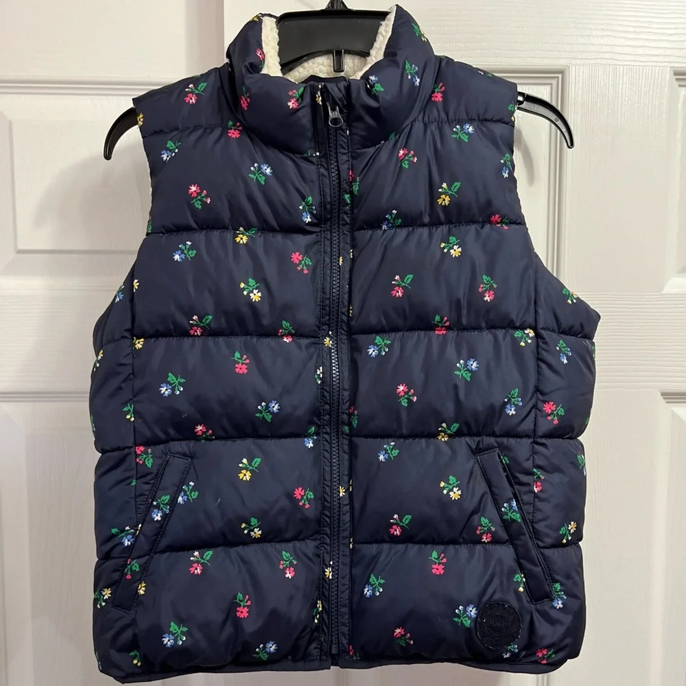 Gap Kids Navy Floral Puffer Sherpa Lined Girls Vest